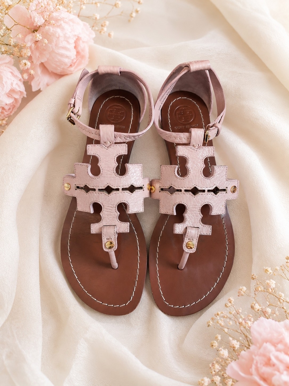 Tory Burch Pink Leather Logo Toe-Ring Sandals